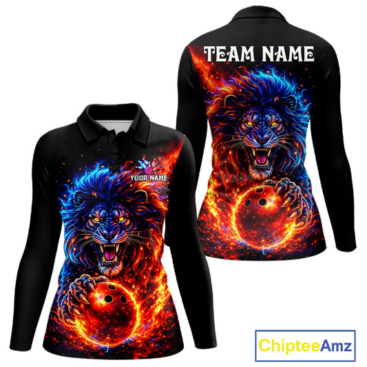 Red and Blue Flame Lion Bowling Shirts For Women Custom Fire Lion Team Bowling jersey NQS11347