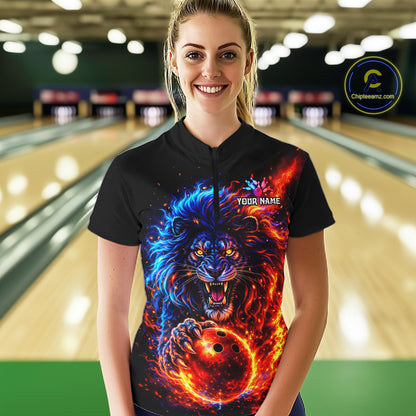 Red and Blue Flame Lion Bowling Shirts For Women Custom Fire Lion Team Bowling jersey NQS11347