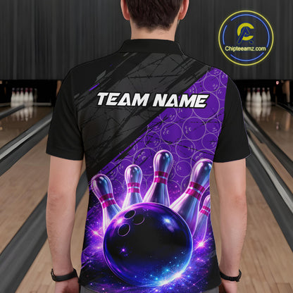 Black and Purple Bowling Camo Polo, 1/4 Zip Shirts for Men Custom Bowling Team League Jerseys NQS11700