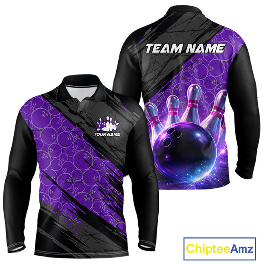 Black and Purple Bowling Camo Polo, 1/4 Zip Shirts for Men Custom Bowling Team League Jerseys NQS11700