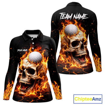 Flame Skull Golf Polo shirts for Women custom Skull Fire team golf shirts, golf gifts for ladies NQS11576