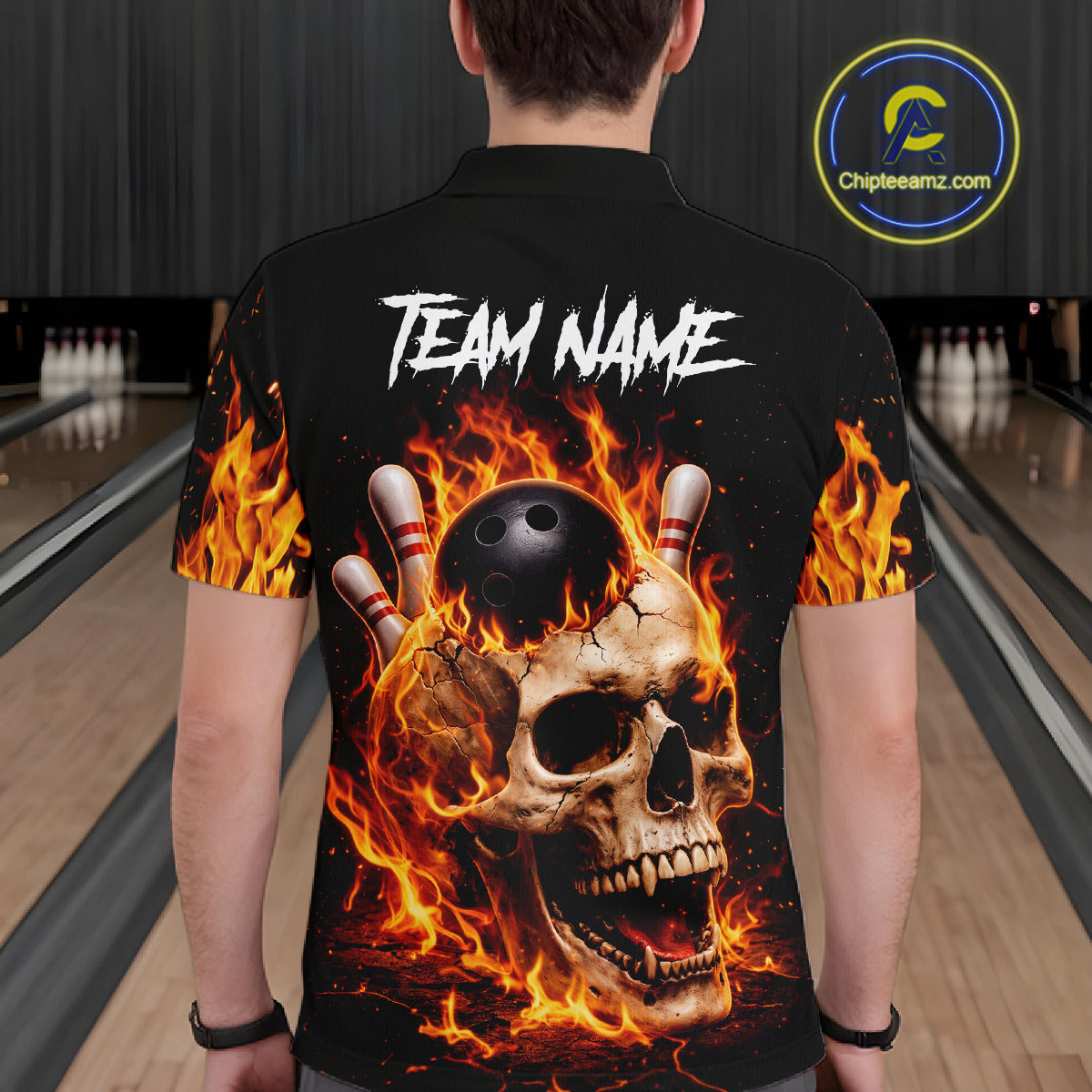 Flame Skull Bowling Polo, 1/4 zip shirts for men custom Skull team Bowling uniforms league jerseys NQS11577