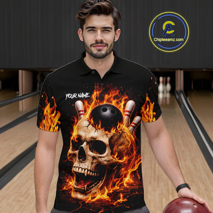 Flame Skull Bowling Polo, 1/4 zip shirts for men custom Skull team Bowling uniforms league jerseys NQS11577