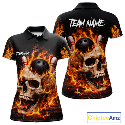 Flame Skull Bowling Polo, 1/4 zip shirts for Women custom Skull team Bowling uniforms league jerseys NQS11577