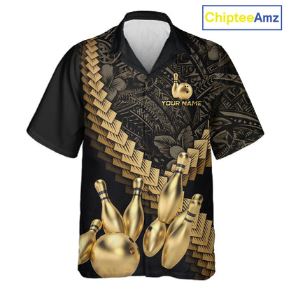 Custom Black and Gold tribal pattern Bowling Button-up Hawaiian Shirt, Team Bowling League jersey NQS11591