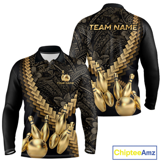 Custom Black and Gold tribal pattern Bowling Polo, 1/4 zip Shirts For Men, Team Bowling League jersey NQS11591