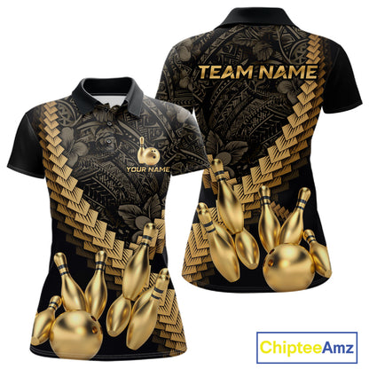 Custom Black & Gold tribal pattern Bowling Polo, 1/4 zip Shirts For Women, Team Bowling League jersey NQS11591