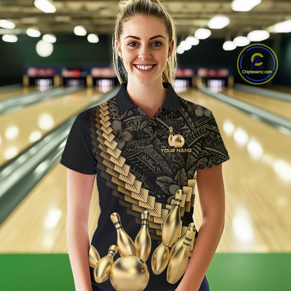 Custom Black & Gold tribal pattern Bowling Polo, 1/4 zip Shirts For Women, Team Bowling League jersey NQS11591