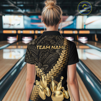 Custom Black & Gold tribal pattern Bowling Polo, 1/4 zip Shirts For Women, Team Bowling League jersey NQS11591