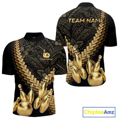 Custom Black and Gold tribal pattern Bowling Polo, 1/4 zip Shirts For Men, Team Bowling League jersey NQS11591