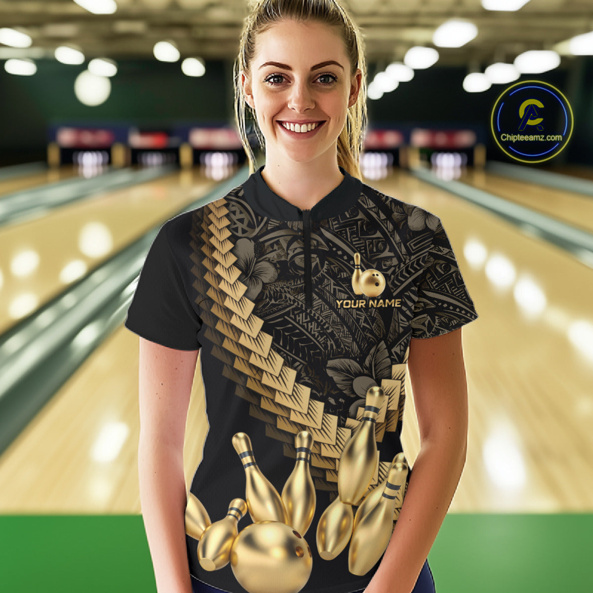 Custom Black & Gold tribal pattern Bowling Polo, 1/4 zip Shirts For Women, Team Bowling League jersey NQS11591