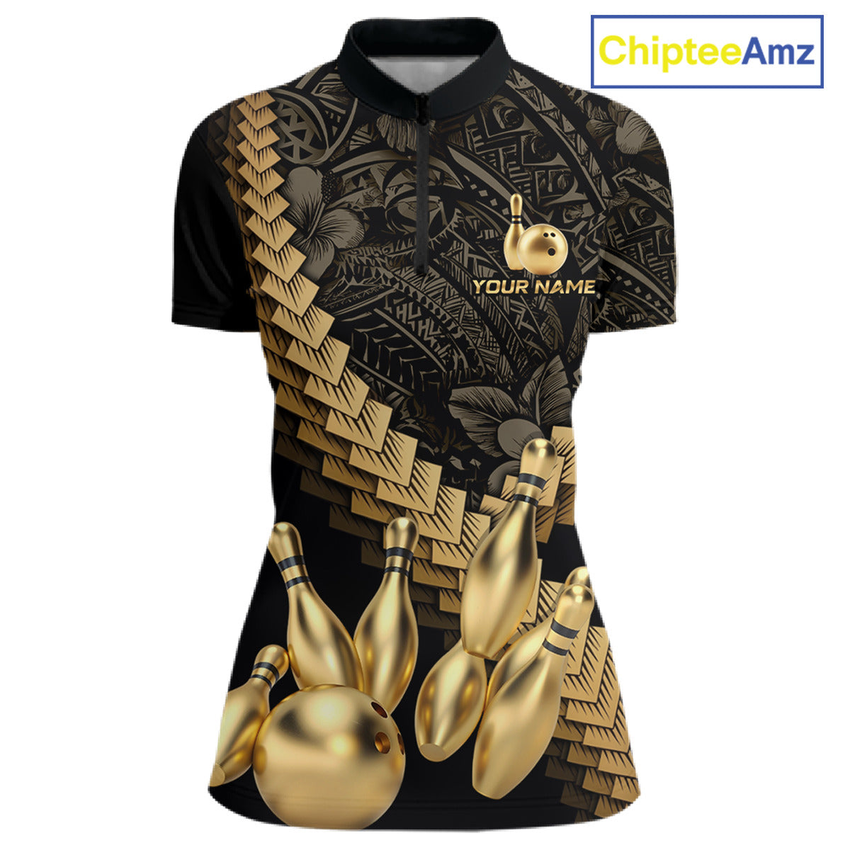 Custom Black & Gold tribal pattern Bowling Polo, 1/4 zip Shirts For Women, Team Bowling League jersey NQS11591