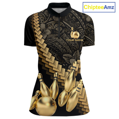 Custom Black & Gold tribal pattern Bowling Polo, 1/4 zip Shirts For Women, Team Bowling League jersey NQS11591