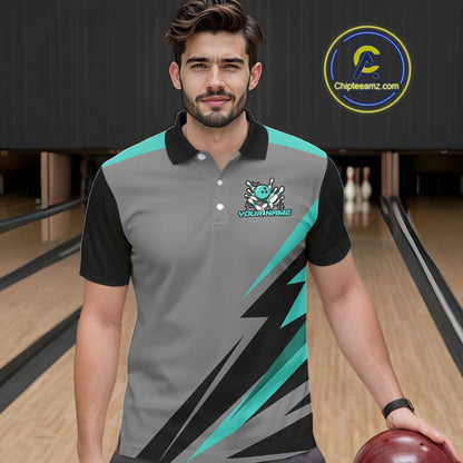 Personalized Gray and Turquoise Bowling Team Shirts For Men Custom Bowling Polo, Quarter Zip Shirts NQS10822