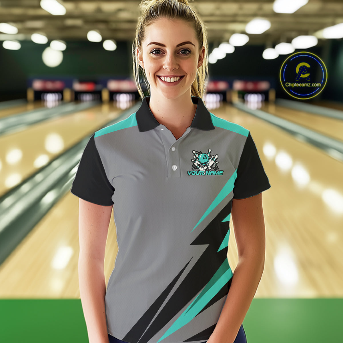 Personalized Gray and Turquoise Bowling Team Shirts For Women Custom Bowling Polo, Quarter Zip Shirts NQS10822