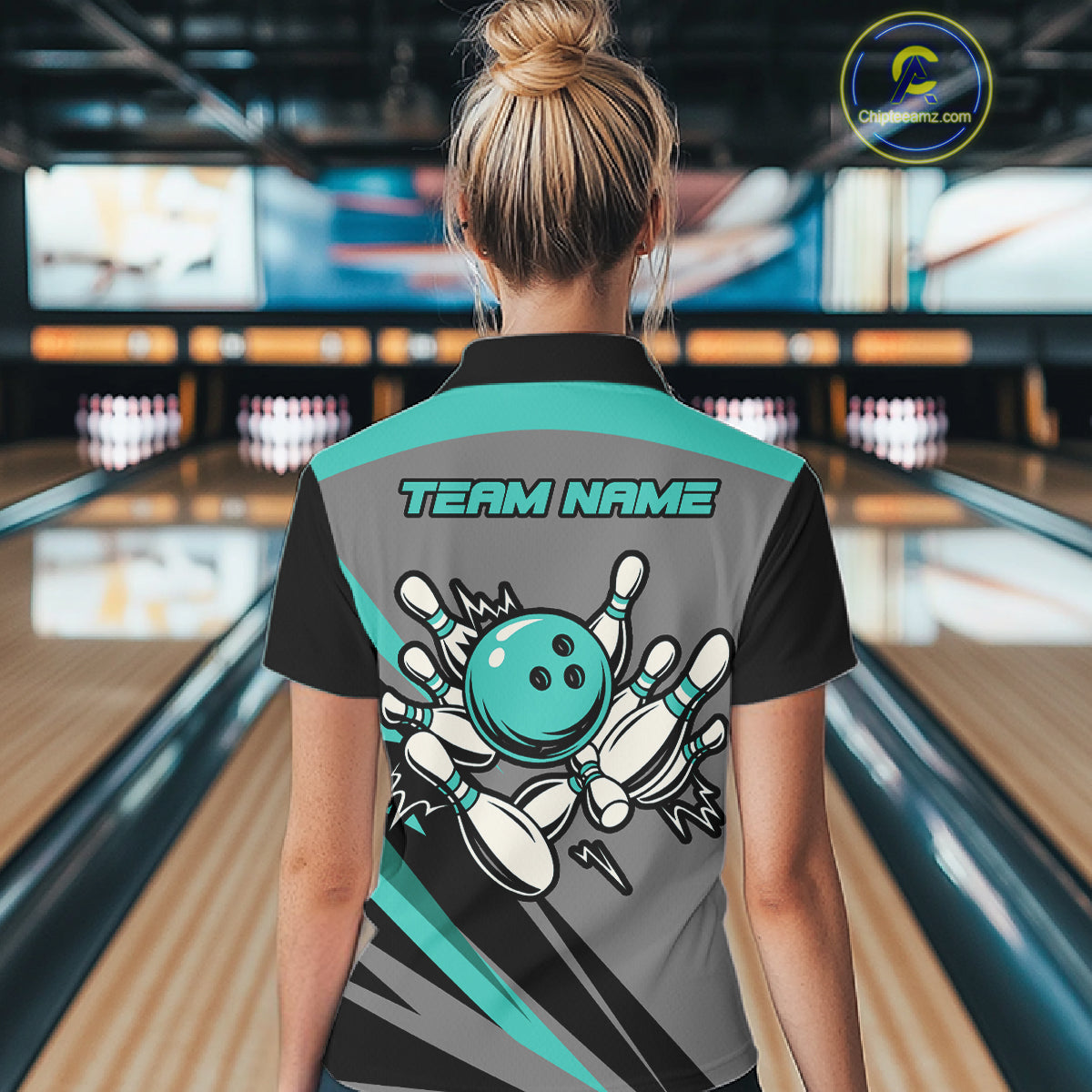 Personalized Gray and Turquoise Bowling Team Shirts For Women Custom Bowling Polo, Quarter Zip Shirts NQS10822