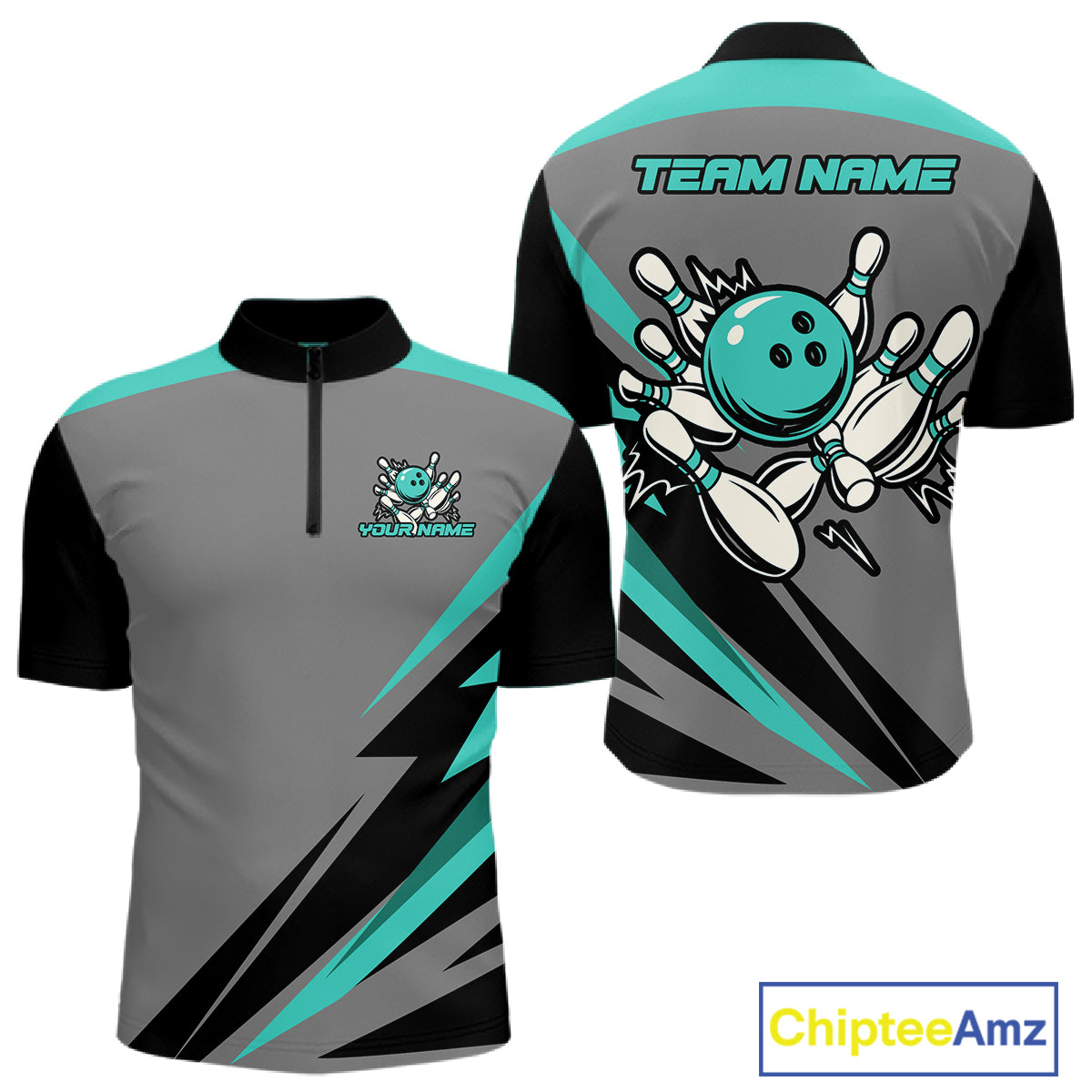 Personalized Gray and Turquoise Bowling Team Shirts For Men Custom Bowling Polo, Quarter Zip Shirts NQS10822
