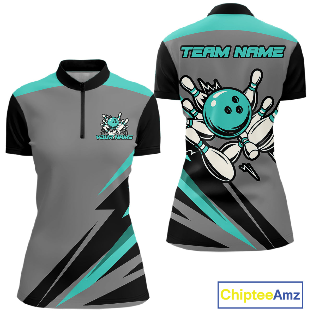 Personalized Gray and Turquoise Bowling Team Shirts For Women Custom Bowling Polo, Quarter Zip Shirts NQS10822