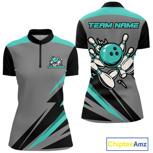 Personalized Gray and Turquoise Bowling Team Shirts For Women Custom Bowling Polo, Quarter Zip Shirts NQS10822