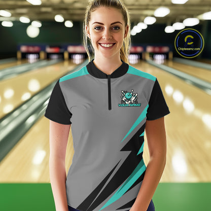 Personalized Gray and Turquoise Bowling Team Shirts For Women Custom Bowling Polo, Quarter Zip Shirts NQS10822