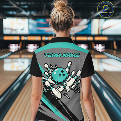 Personalized Gray and Turquoise Bowling Team Shirts For Women Custom Bowling Polo, Quarter Zip Shirts NQS10822