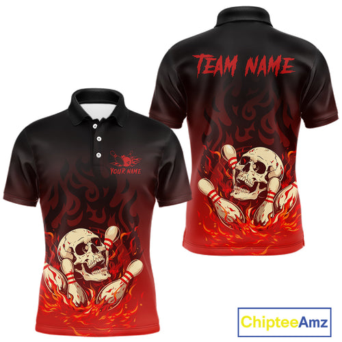 Red Skull Bowling Shirts With Flames custom quarter zip, polo team jerseys, bowling jerseys men NQS10998