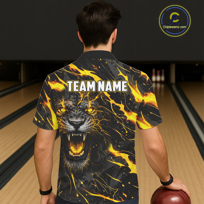 Custom Black & Gold Lightning Thunder Lion Bowling Hawaiian Shirts, Lion Team Bowling League Jerseys NQS11600