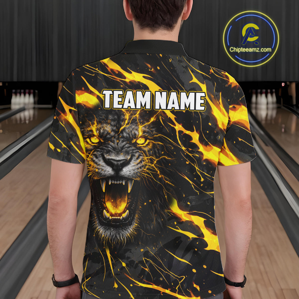 Custom Black and Gold Lightning Thunder Lion Bowling Shirts for Men, Lion Team Bowling League Jerseys NQS11600