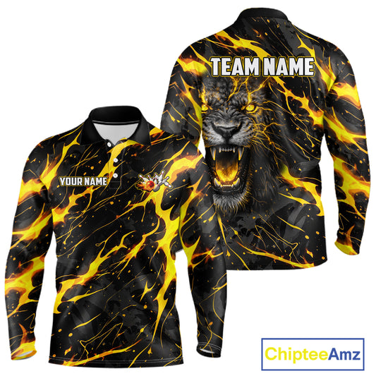 Custom Black and Gold Lightning Thunder Lion Bowling Shirts for Men, Lion Team Bowling League Jerseys NQS11600