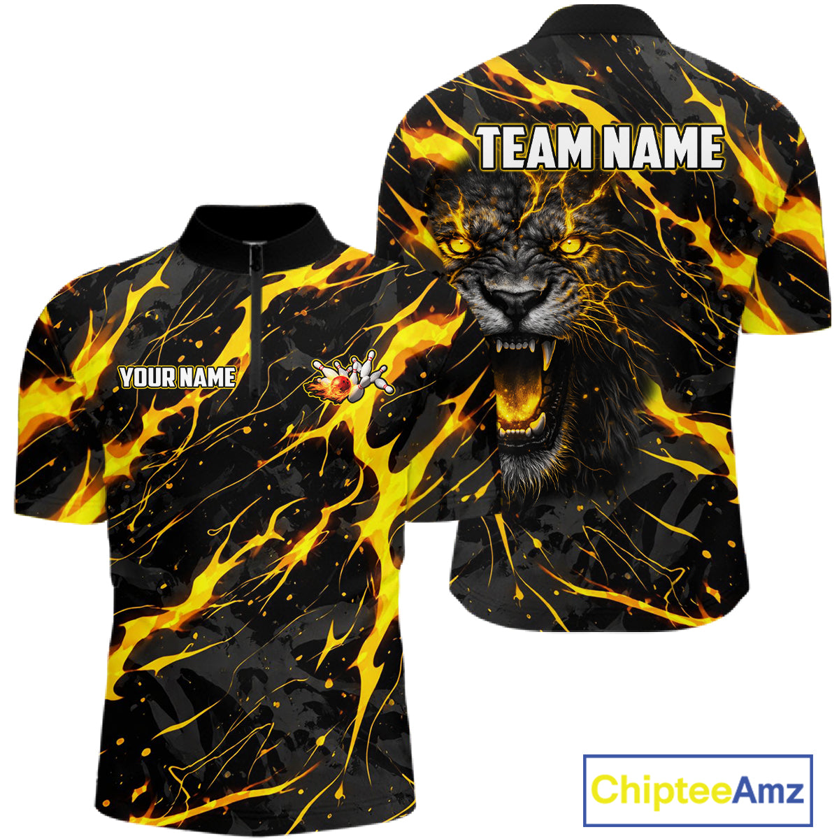 Custom Black and Gold Lightning Thunder Lion Bowling Shirts for Men, Lion Team Bowling League Jerseys NQS11600