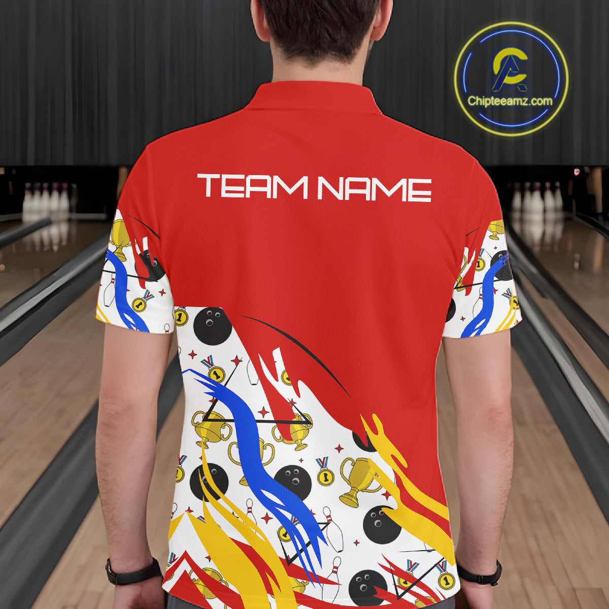 Red Bowling pattern Bowling Team Polo, Quarter Zip Shirt For Men Custom Mens Bowling Jersey NQS10825