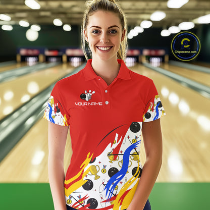 Red Bowling pattern Bowling Team Polo, Quarter Zip Shirt For Women Custom Ladies Bowling Jersey NQS10825