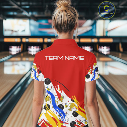 Red Bowling pattern Bowling Team Polo, Quarter Zip Shirt For Women Custom Ladies Bowling Jersey NQS10825