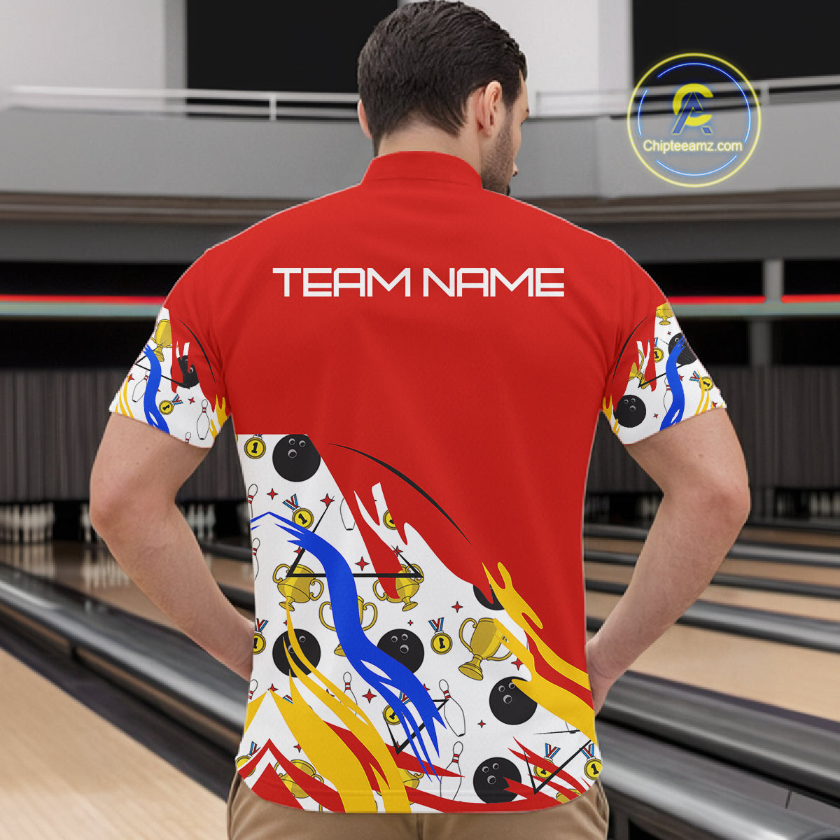 Red Bowling pattern Bowling Team Polo, Quarter Zip Shirt For Men Custom Mens Bowling Jersey NQS10825