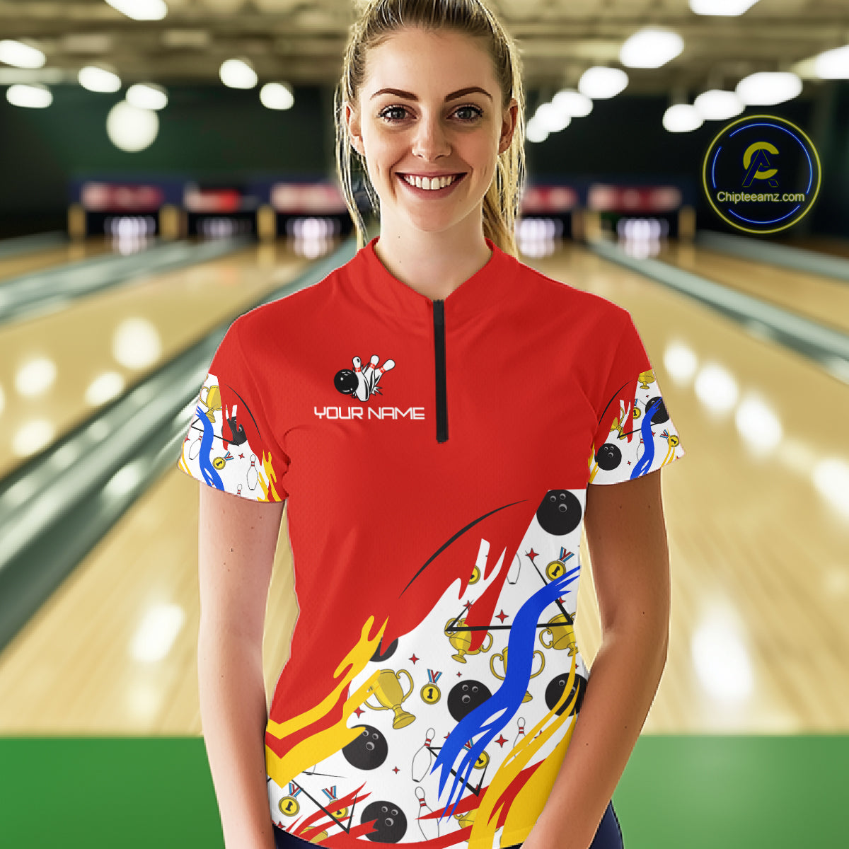 Red Bowling pattern Bowling Team Polo, Quarter Zip Shirt For Women Custom Ladies Bowling Jersey NQS10825