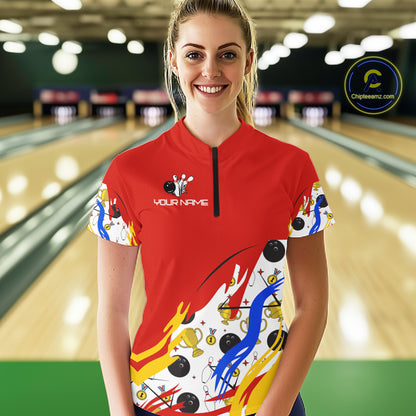 Red Bowling pattern Bowling Team Polo, Quarter Zip Shirt For Women Custom Ladies Bowling Jersey NQS10825