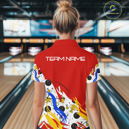 Red Bowling pattern Bowling Team Polo, Quarter Zip Shirt For Women Custom Ladies Bowling Jersey NQS10825