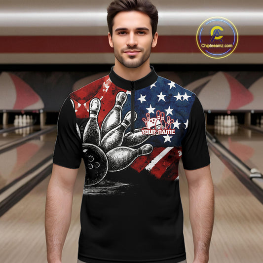 Personalized American Flag Bowling Team Shirts For Men, Patriotic Bowling Gifts NQS10829