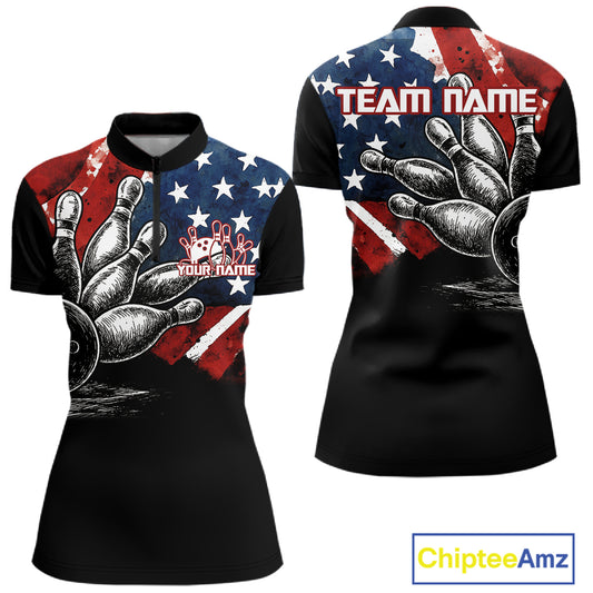 Personalized American Flag Bowling Team Shirts For Women, Patriotic Bowling Gifts NQS10829