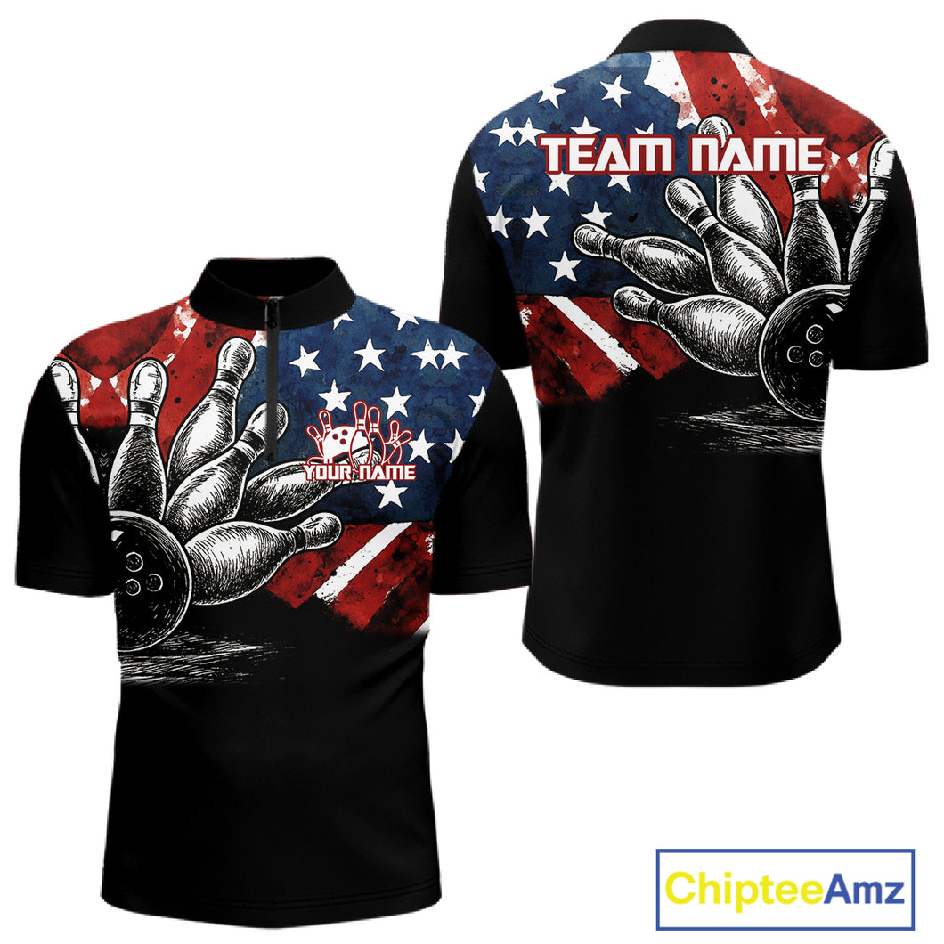 Personalized American Flag Bowling Team Shirts For Men, Patriotic Bowling Gifts NQS10829