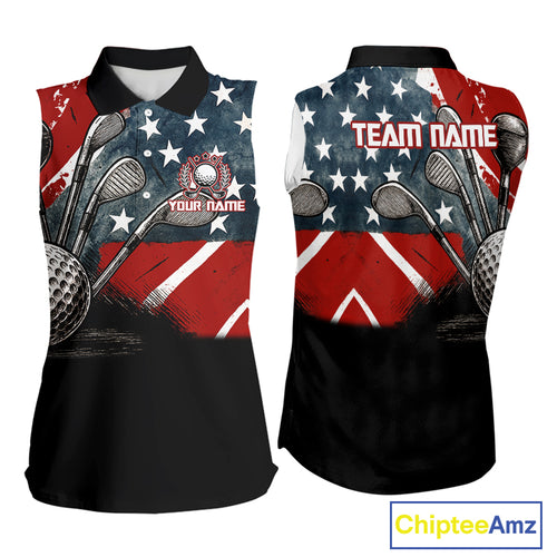 Personalized American Flag Sleeveless Golf Polo Shirts For Women, Patriotic Golf Gifts NQS10830