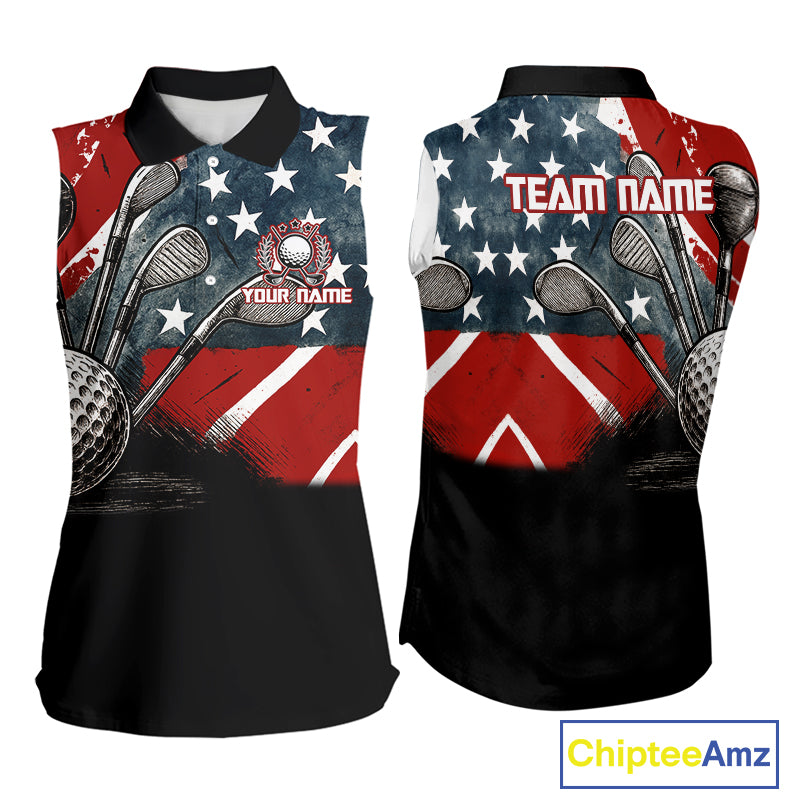 Personalized American Flag Sleeveless Golf Polo Shirts For Women, Patriotic Golf Gifts NQS10830