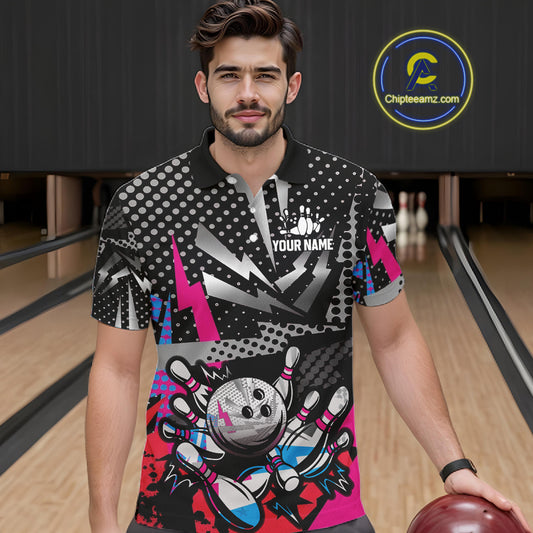 Colorful Lightning pattern Bowling Polo, Quarter Zip Shirts For Men Custom Team Bowling Jerseys NQS11202
