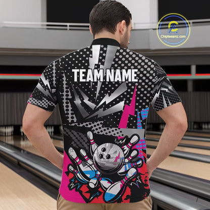 Colorful Lightning pattern Bowling Polo, Quarter Zip Shirts For Men Custom Team Bowling Jerseys NQS11202