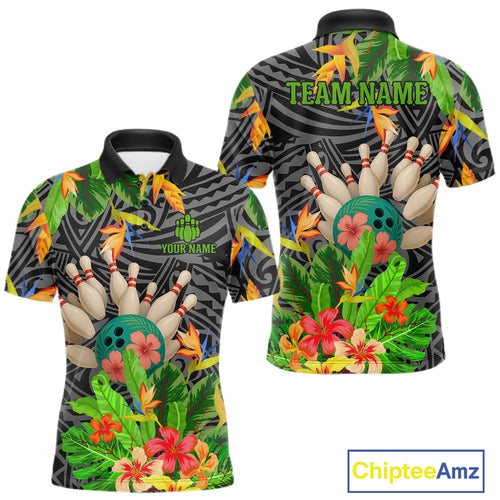 Green tropical flower tribal pattern Bowling Shirts For Men Custom Bowling Team Jersey Bowlers Outfit NQS11005