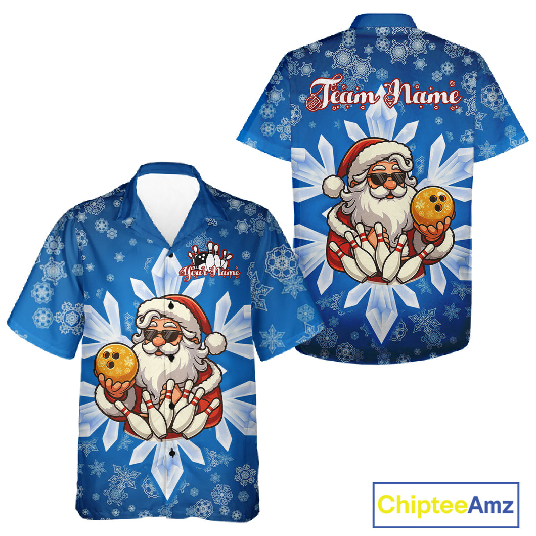 Blue Snowflake Funny Santa Hawaiian Bowling Jerseys Custom Christmas Bowling Team Shirts Xmas Gifts NQS11007