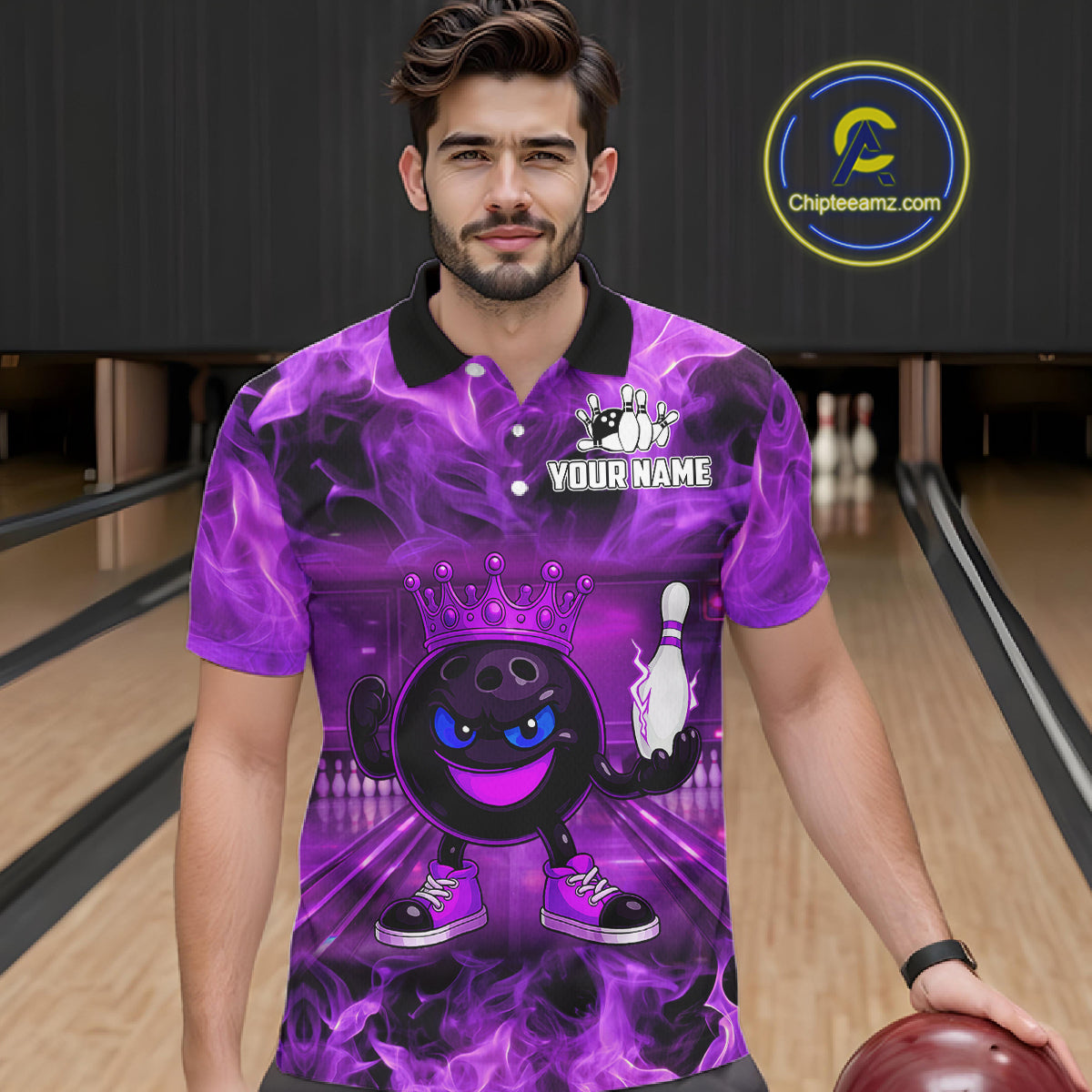 Funny Crown Bowling Purple Flame Bowling Polo, Quarter Zip Shirt For Men Custom Bowling Team Jersey NQS11721