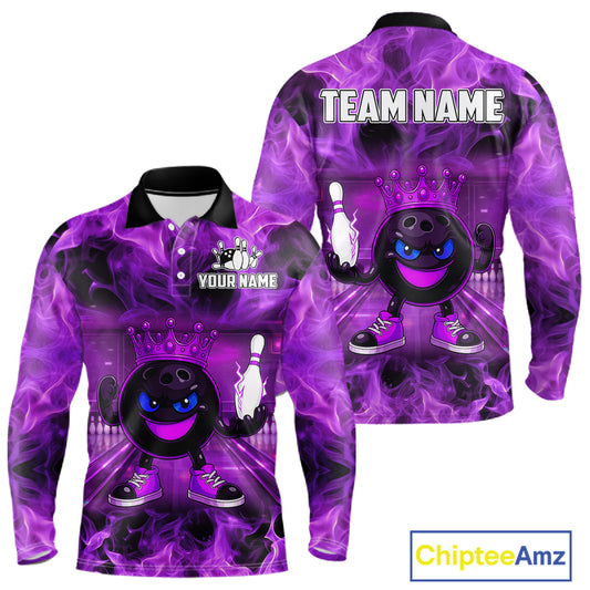 Funny Crown Bowling Purple Flame Bowling Polo, Quarter Zip Shirt For Men Custom Bowling Team Jersey NQS11721