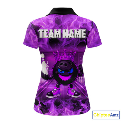 Funny Crown Bowling Purple Flame Bowling Polo, Quarter Zip Shirt For Women Custom Bowling Team Jersey NQS11721
