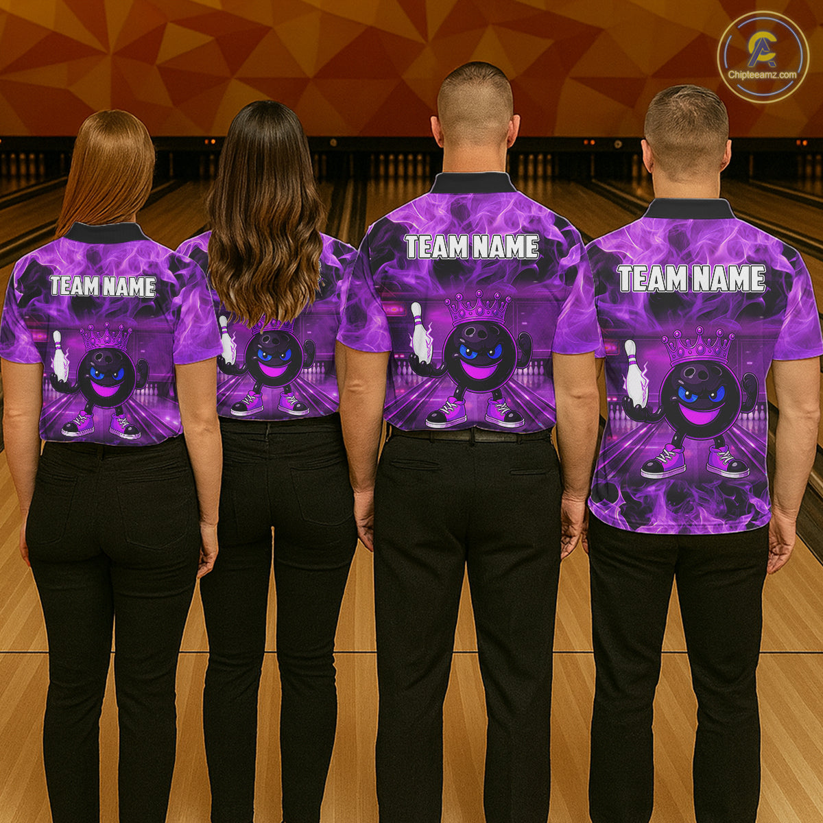 Funny Crown Bowling Purple Flame Bowling Polo, Quarter Zip Shirt For Women Custom Bowling Team Jersey NQS11721